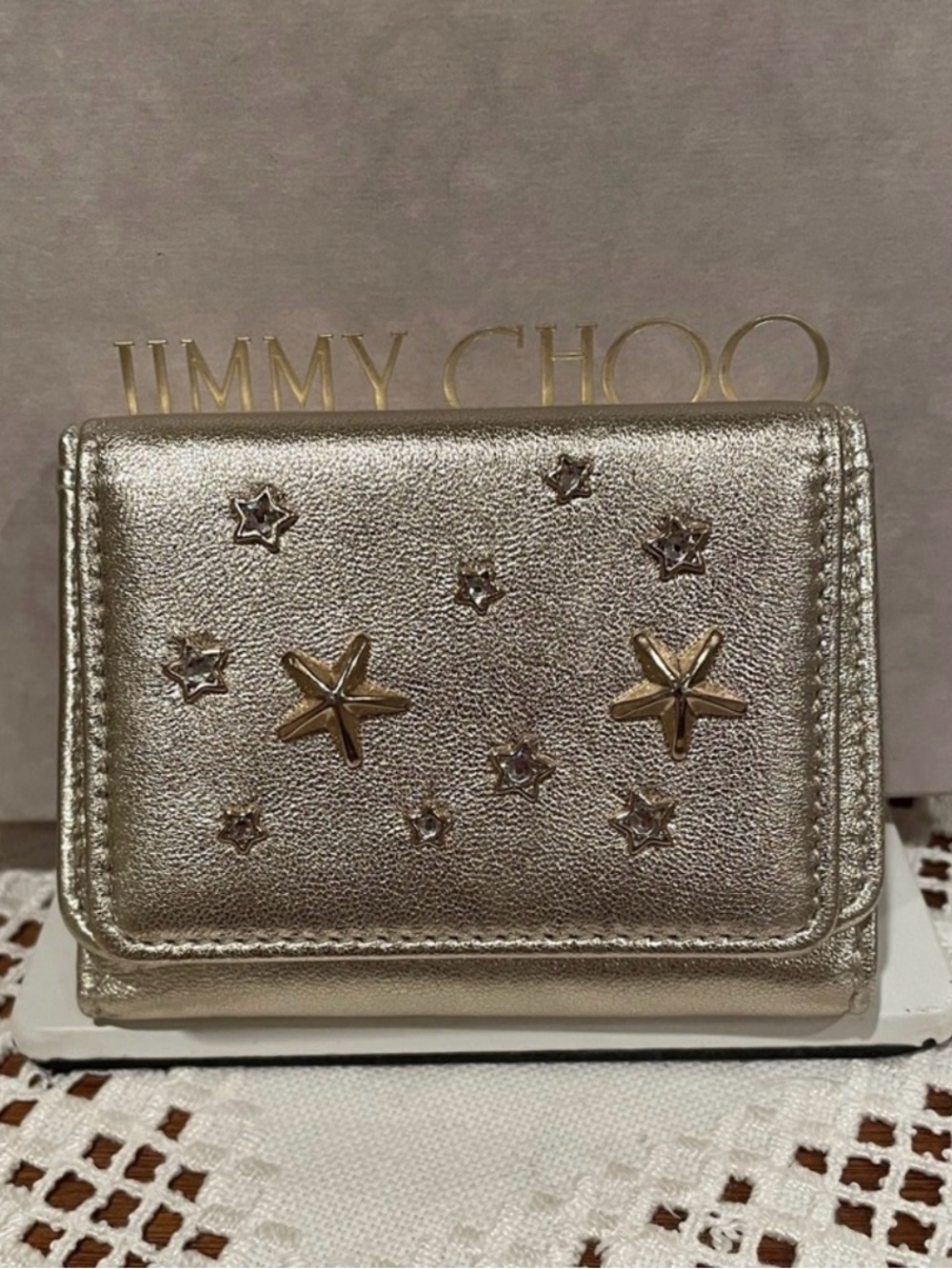 Jimmy Choo Gold Star Embellished Compact Wallet With Box
